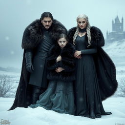A realistic portrayal of Jon Snow and Daenerys Targaryen from Game of Thrones, standing together in a snowy landscape