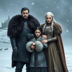 A realistic portrayal of Jon Snow and Daenerys Targaryen from Game of Thrones, standing together in a snowy landscape