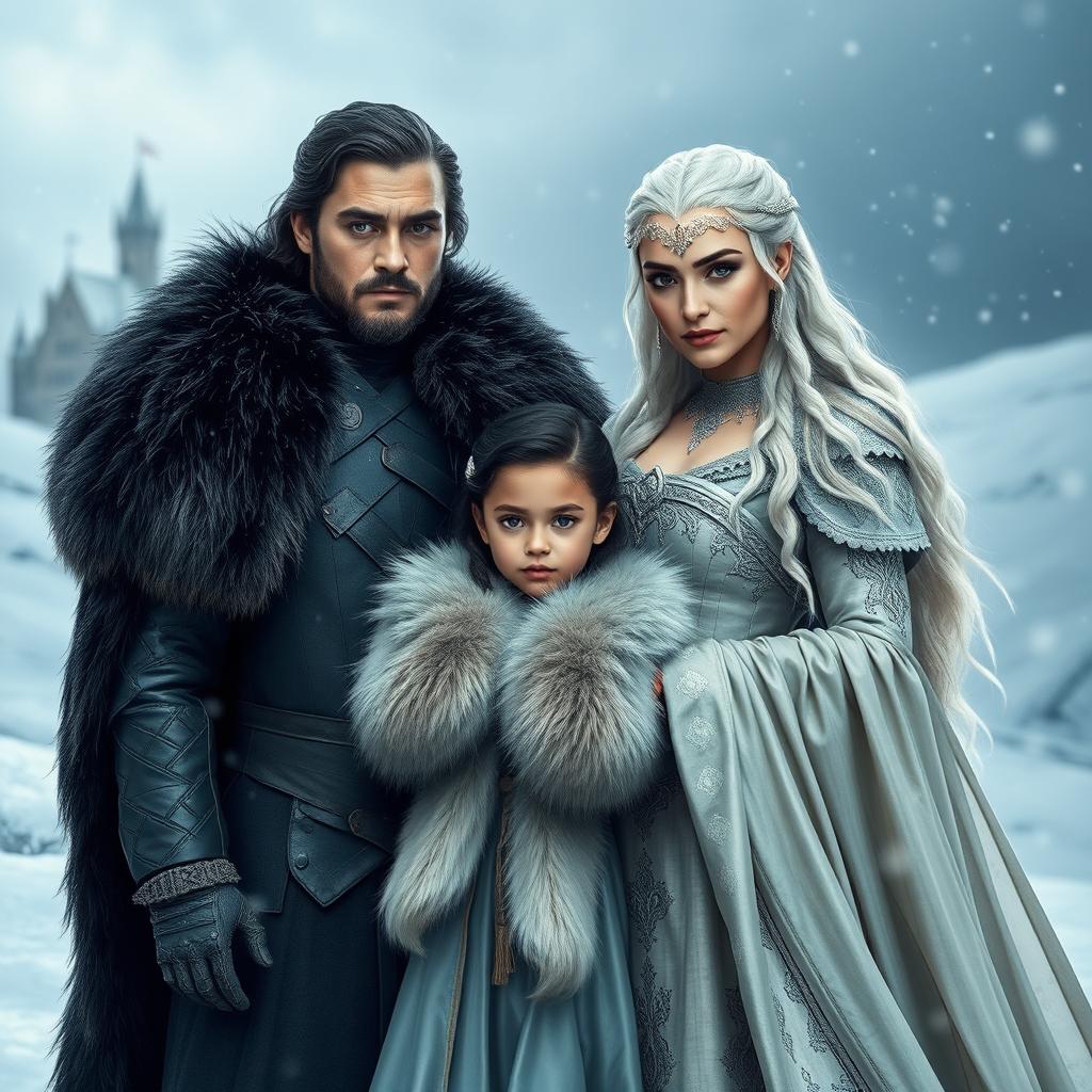 A realistic portrayal of Jon Snow and Daenerys Targaryen from Game of Thrones, standing together in a snowy landscape