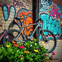 A stunning high-resolution image of a sleek, modern bicycle resting against a vibrant graffiti-covered wall in an urban setting