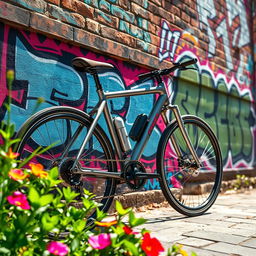A stunning high-resolution image of a sleek, modern bicycle resting against a vibrant graffiti-covered wall in an urban setting