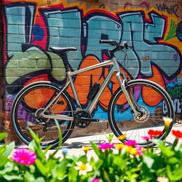 A stunning high-resolution image of a sleek, modern bicycle resting against a vibrant graffiti-covered wall in an urban setting