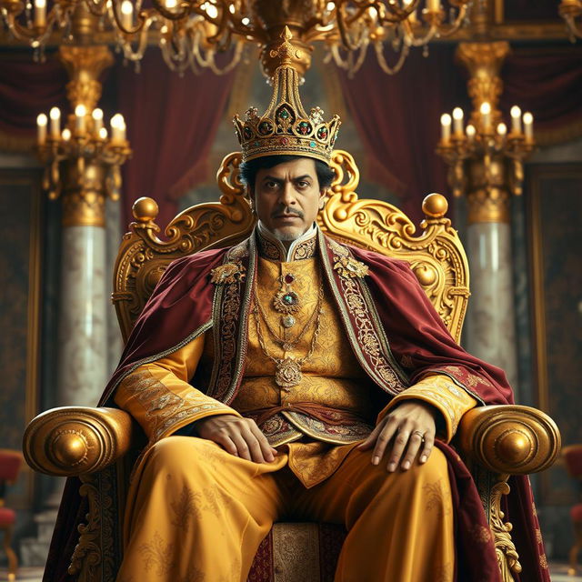 A majestic portrayal of Shahrukh Khan as a regal king, seated on an ornate throne adorned with gold and jewels