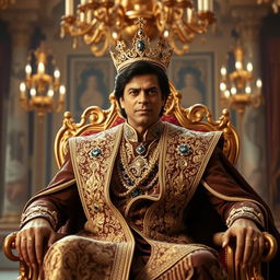 A majestic portrayal of Shahrukh Khan as a regal king, seated on an ornate throne adorned with gold and jewels