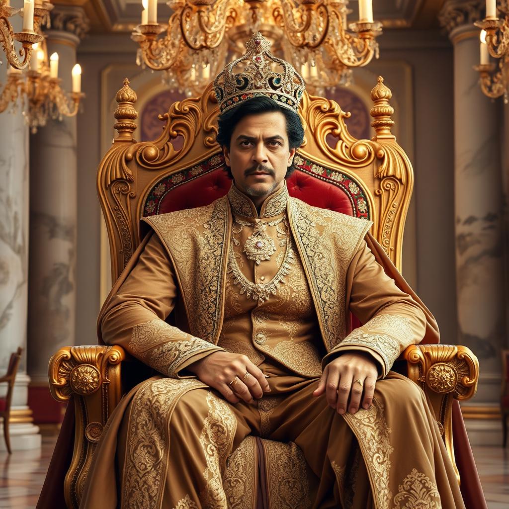 A majestic portrayal of Shahrukh Khan as a regal king, seated on an ornate throne adorned with gold and jewels