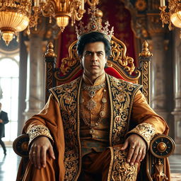A majestic portrayal of Shahrukh Khan as a regal king, seated on an ornate throne adorned with gold and jewels