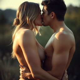 A romantic scene featuring an intimate kiss between two beautiful, nude adults, capturing the passion and connection between them