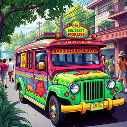 A vibrant and colorful traditional jeepney in the Philippines, featuring a lively skin design inspired by the second image of Mr