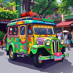 A vibrant and colorful traditional jeepney in the Philippines, featuring a lively skin design inspired by the second image of Mr
