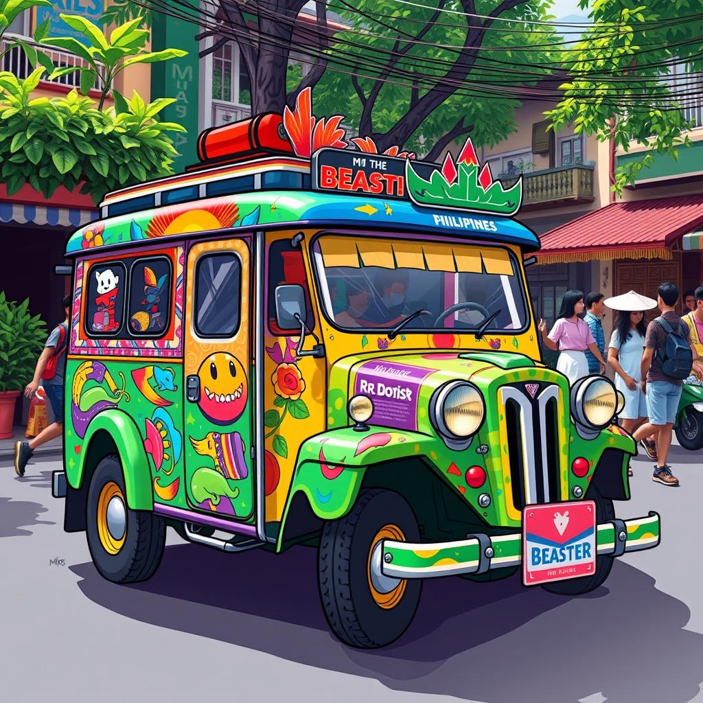 A vibrant and colorful traditional jeepney in the Philippines, featuring a lively skin design inspired by the second image of Mr