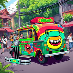 A vibrant and colorful traditional jeepney in the Philippines, featuring a lively skin design inspired by the second image of Mr