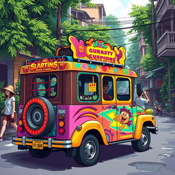 A vibrant and colorful traditional jeepney in the Philippines, featuring a lively skin design inspired by the second image of Mr
