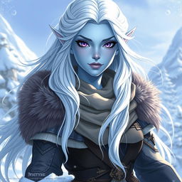 In a captivating Dungeons and Dragons character art style, Maeve is illustrated as a striking figure with luminous light blue skin and graceful elven features