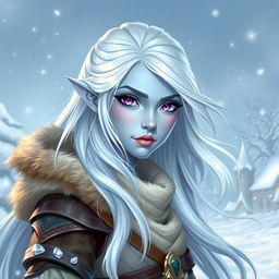 In a captivating Dungeons and Dragons character art style, Maeve is illustrated as a striking figure with luminous light blue skin and graceful elven features