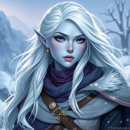 In a captivating Dungeons and Dragons character art style, Maeve is illustrated as a striking figure with luminous light blue skin and graceful elven features