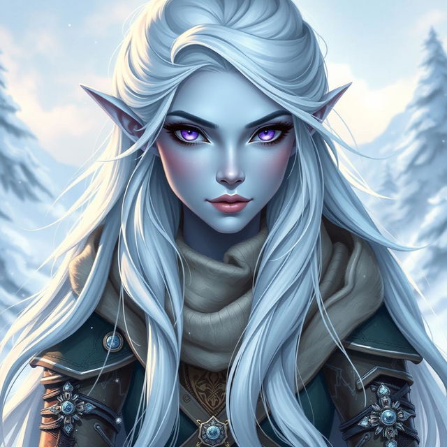 In a captivating Dungeons and Dragons character art style, Maeve is illustrated as a striking figure with luminous light blue skin and graceful elven features