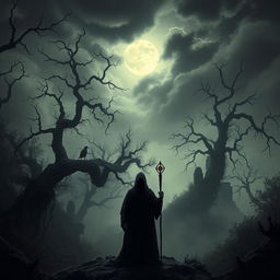 A dark fantasy landscape featuring an eerie, mist-covered forest with gnarled trees and twisted branches