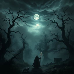 A dark fantasy landscape featuring an eerie, mist-covered forest with gnarled trees and twisted branches