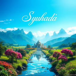 An artistic representation of a mystical land known as 'Negri para Syuhada', featuring serene landscapes filled with lush green fields, towering mountains in the background, and a bright blue sky