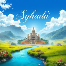An artistic representation of a mystical land known as 'Negri para Syuhada', featuring serene landscapes filled with lush green fields, towering mountains in the background, and a bright blue sky