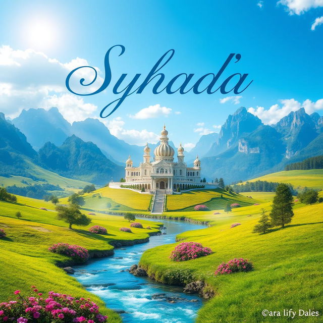 An artistic representation of a mystical land known as 'Negri para Syuhada', featuring serene landscapes filled with lush green fields, towering mountains in the background, and a bright blue sky