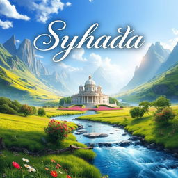 An artistic representation of a mystical land known as 'Negri para Syuhada', featuring serene landscapes filled with lush green fields, towering mountains in the background, and a bright blue sky