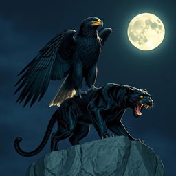 A majestic black eagle with impressive wings and feathers standing on a fearsome black panther with sharp teeth