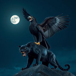 A majestic black eagle with impressive wings and feathers standing on a fearsome black panther with sharp teeth