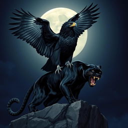 A majestic black eagle with impressive wings and feathers standing on a fearsome black panther with sharp teeth