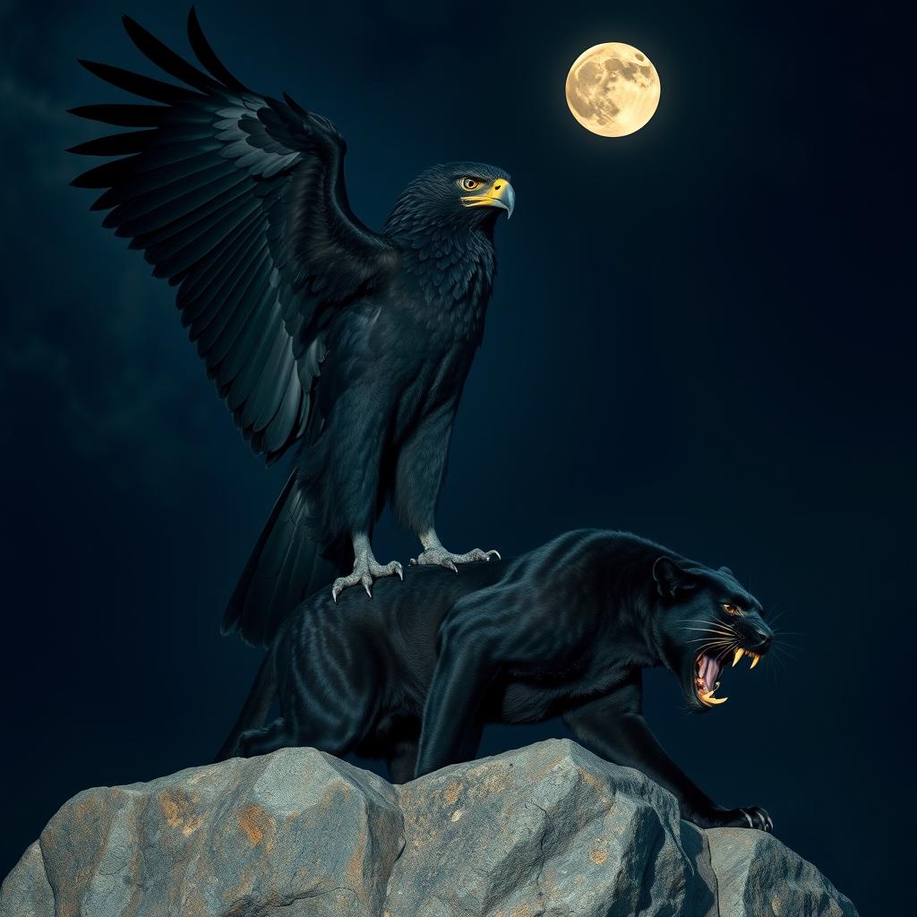 A majestic black eagle with impressive wings and feathers standing on a fearsome black panther with sharp teeth