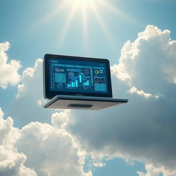 A futuristic computer floating in a bright blue sky, surrounded by fluffy white clouds