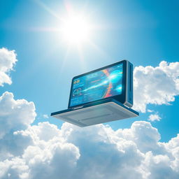 A futuristic computer floating in a bright blue sky, surrounded by fluffy white clouds