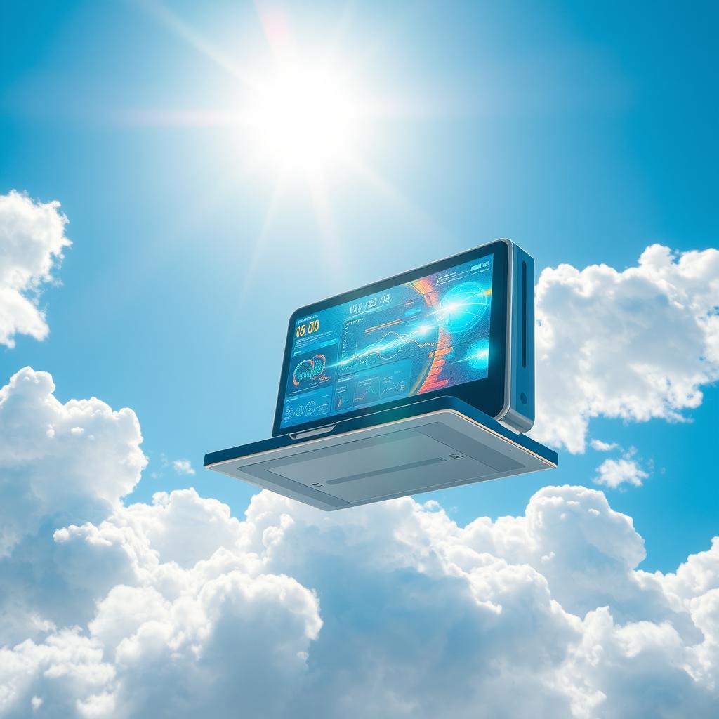 A futuristic computer floating in a bright blue sky, surrounded by fluffy white clouds