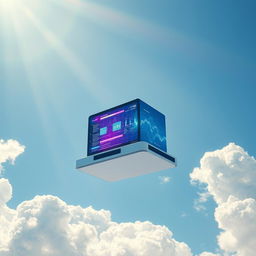 A futuristic computer floating in a bright blue sky, surrounded by fluffy white clouds