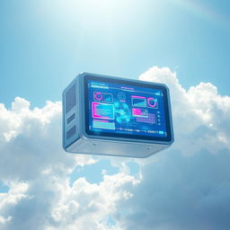 A futuristic computer floating in a bright blue sky, surrounded by fluffy white clouds