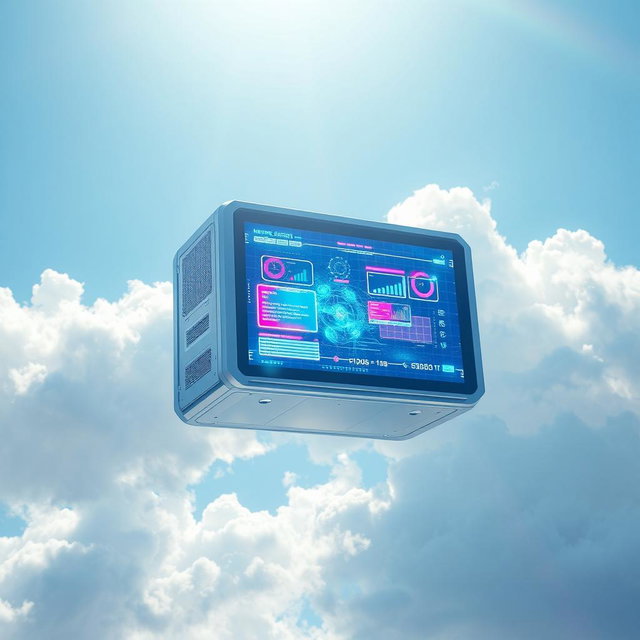 A futuristic computer floating in a bright blue sky, surrounded by fluffy white clouds