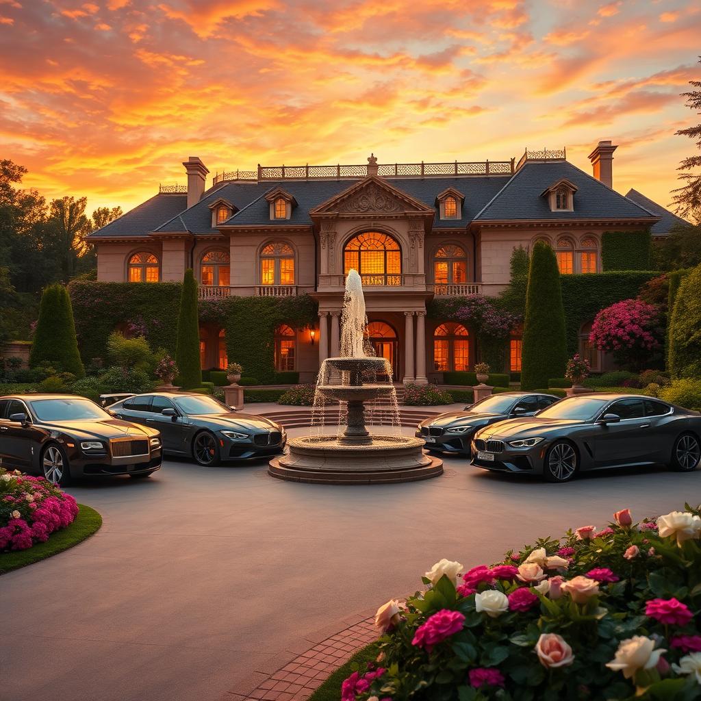 A luxurious and opulent scene depicting wealth, featuring a grand mansion with intricate architectural details, surrounded by lush green gardens and blooming flowers