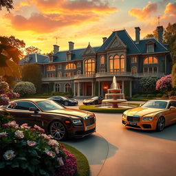 A luxurious and opulent scene depicting wealth, featuring a grand mansion with intricate architectural details, surrounded by lush green gardens and blooming flowers