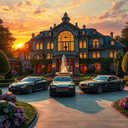 A luxurious and opulent scene depicting wealth, featuring a grand mansion with intricate architectural details, surrounded by lush green gardens and blooming flowers