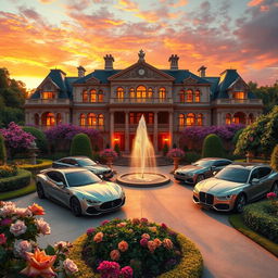 A luxurious and opulent scene depicting wealth, featuring a grand mansion with intricate architectural details, surrounded by lush green gardens and blooming flowers
