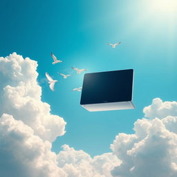A computer floating in a bright blue sky, surrounded by fluffy white clouds and soft sunlight illuminating the scene