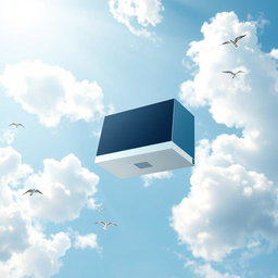 A computer floating in a bright blue sky, surrounded by fluffy white clouds and soft sunlight illuminating the scene