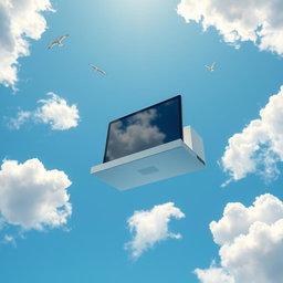 A computer floating in a bright blue sky, surrounded by fluffy white clouds and soft sunlight illuminating the scene