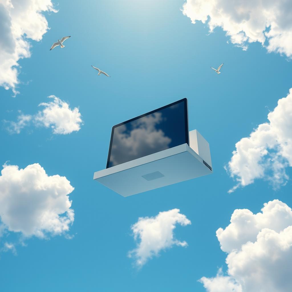 A computer floating in a bright blue sky, surrounded by fluffy white clouds and soft sunlight illuminating the scene