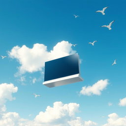 A computer floating in a bright blue sky, surrounded by fluffy white clouds and soft sunlight illuminating the scene