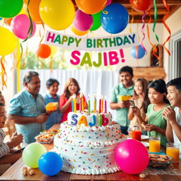 A colorful and festive birthday scene featuring a joyful celebration for someone named Sajib