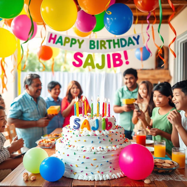 A colorful and festive birthday scene featuring a joyful celebration for someone named Sajib