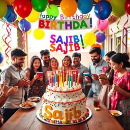 A colorful and festive birthday scene featuring a joyful celebration for someone named Sajib