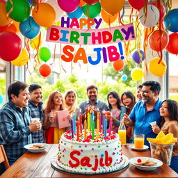 A colorful and festive birthday scene featuring a joyful celebration for someone named Sajib