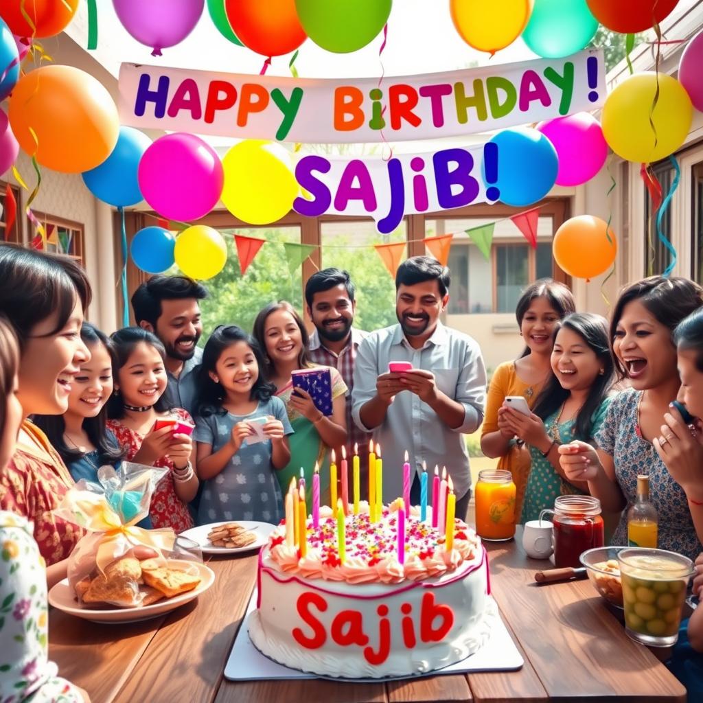 A colorful and festive birthday scene featuring a joyful celebration for someone named Sajib